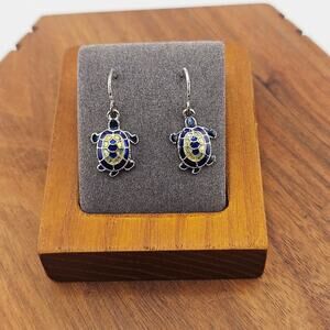 Vintage Avon Enamel Turtle Drop Earrings Silver Blue Coastal Beachy Mermaidcore